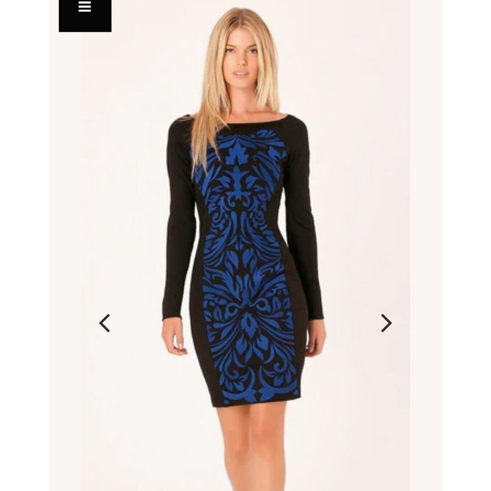 Hale Bob dress Embroidered Sheath Blue black Teri Long Sleeve sz S new